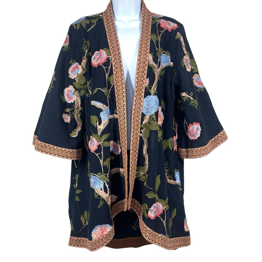 Tolani Colorful Floral Embroidered Kimono Size M/L 100%‎ Cotton Chic Boho Artsy